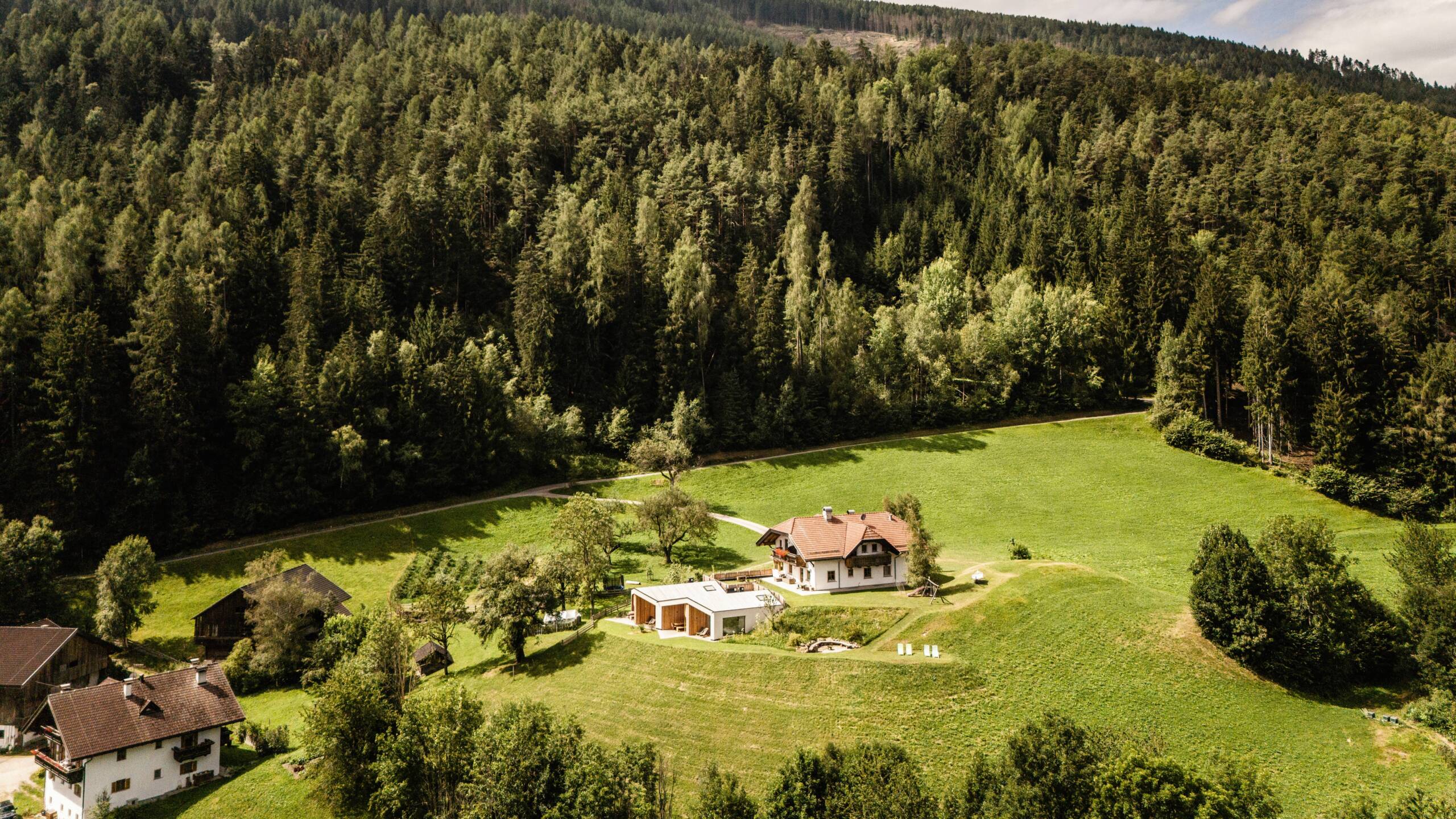 Der Oberplunerhof von oben inmitten einer grünen Wiese mit Wald im Hintergrund