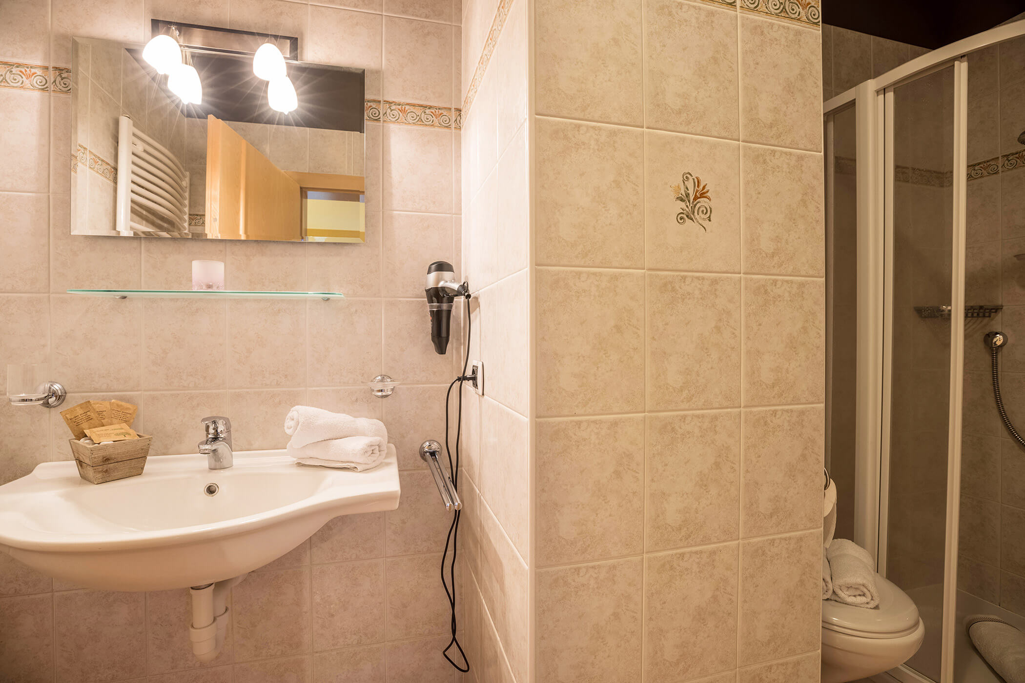 Bad vom Apartment Kronplatz mit Waschbecken, Spiegel, WC und Dusch - Oberplunerhof