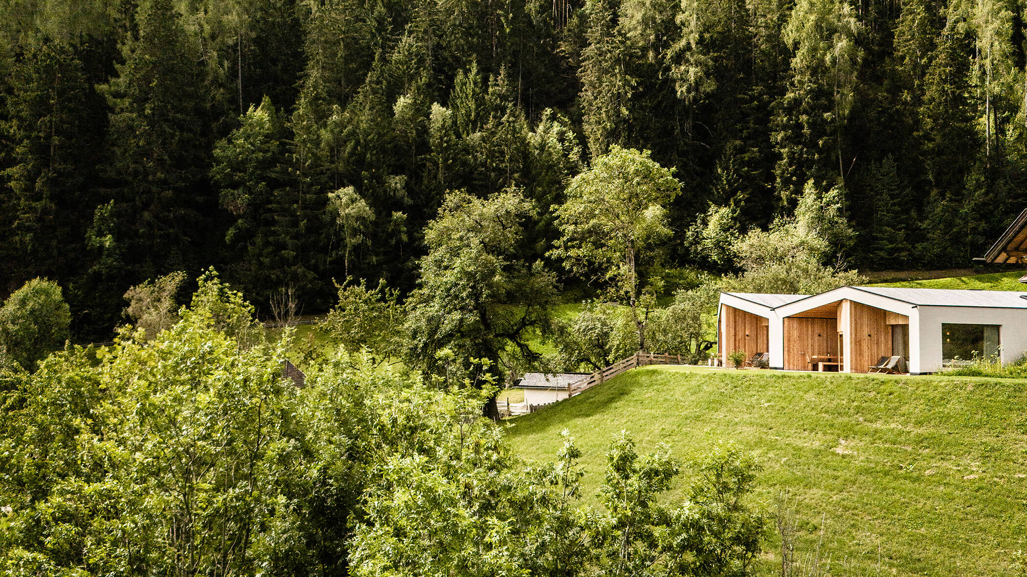 Grüne Bäume und Wiese im Vordergrund, im Hintergrund die Terrassen der Chalets - Oberplunerhof